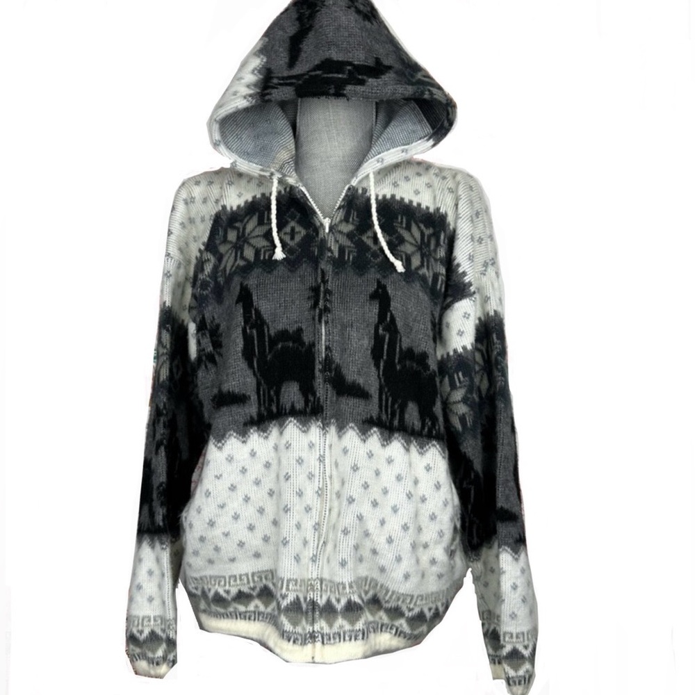 Tejidos made in Ecuador 100% wool alpaca Aztec patterned zip up hooded sweater